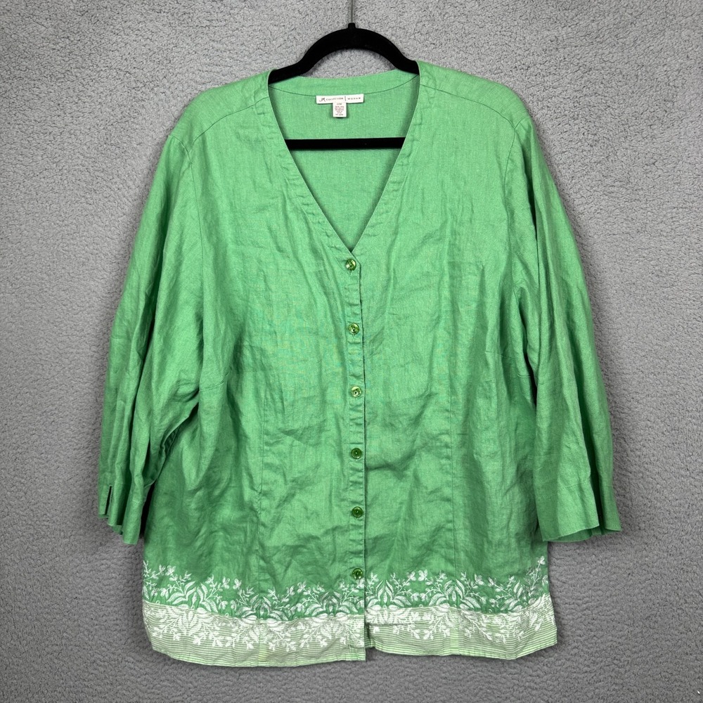 JM Collection Top Womens 22W Green Linen Button Blouse‎ Beachy Coastal Vacation